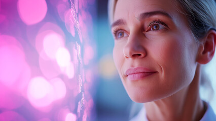 Mature woman female gaze against vibrant pink neon background