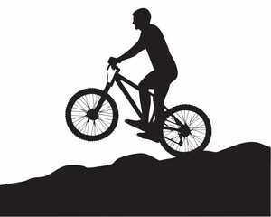 Fototapeta premium Powerful Silhouette of Mountain Biker Soaring Bold Black Shapes Against White Dynamic Action Clean Lines Simple Graphic