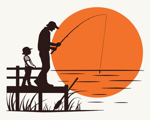 Obraz premium Father and Son Silhouette Fishing at Sunset Simple Minimalist Artwork with Bold Shapes and Contrasting Colors against a