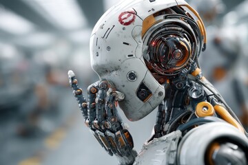 Fototapeta premium Detailed Close-up of a Futuristic Mechanical Robot Head with Intricate Wiring and Metallic Textures in a Tech Environment