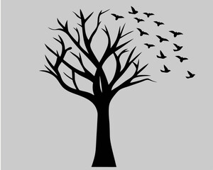 Fototapeta premium Bare Tree Silhouette Birds Taking Flight Elegant Minimalist Art Black and Gray Simple Design Nature Artwork Vector