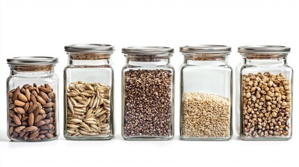 Variety of grains and seeds stored in clear jars on a white background for easy organization and access