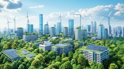 Obraz premium Sustainable city with green buildings and renewable energy. Lush greenery, solar panels, and wind turbines adorn high-rise structures, promoting ecological harmony and urban development