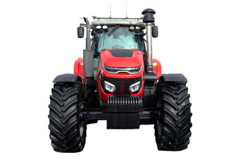 This striking red farm tractor stands prominently, highlighting its powerful front view. Equipped for various agricultural tasks, it embodies strength and efficiency in rural farming activities.
