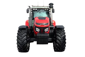 Fototapeten Traktor This striking red farm tractor stands prominently, highlighting its powerful front view. Equipped for various agricultural tasks, it embodies strength and efficiency in rural farming activities.  © catocala