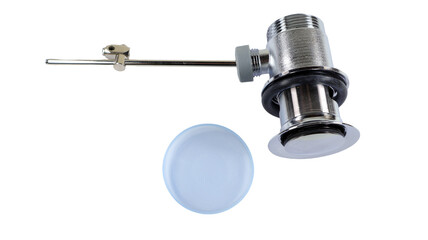 Close-up view of a sink drain shut off valve featuring a metal rod for operation. Ideal for managing water flow in sink plumbing installations at home or in commercial spaces.