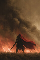 A figure clad in black armor brandishes a sword while standing amidst towering flames and thick smoke. The ominous atmosphere suggests a fierce battle or a dramatic confrontation