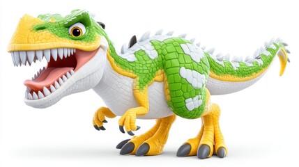 Naklejka premium Playful Cartoon Dinosaur with Green and Yellow Accents on White Background
