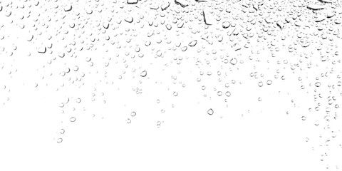 Numerous clear raindrops and water bubbles covering a glass surface effect on a white and transparent background png