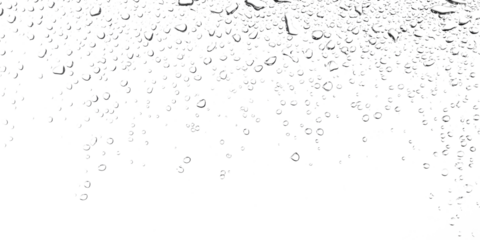 Numerous clear raindrops and water bubbles covering a glass surface effect on a white and transparent background png