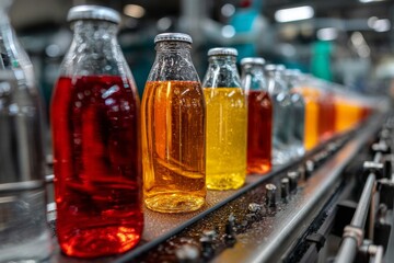 Bottles with colorful liquids on industrial conveyor, beverage production and bottling process for drinks factory