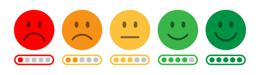 Smiley face icons showing feedback levels with ratings. Customer satisfaction scale from very bad to excellent. Colorful emojis for review, survey, and user experience design. Icons, rating emoji.