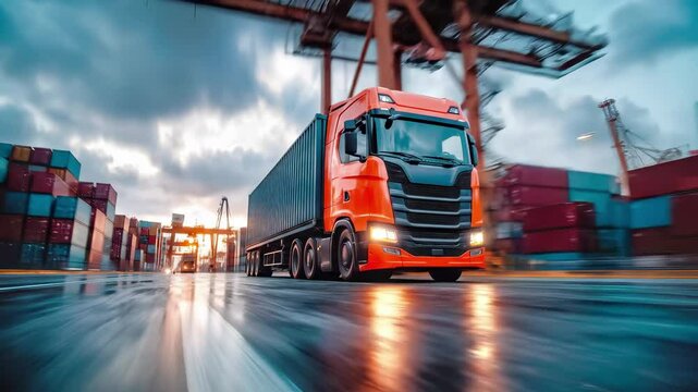 Orange freight truck carrying blue shipping container speeds through industrial port terminal with motion blur. Heavy duty logistics vehicle transports cargo at distribution hub with loading cranes