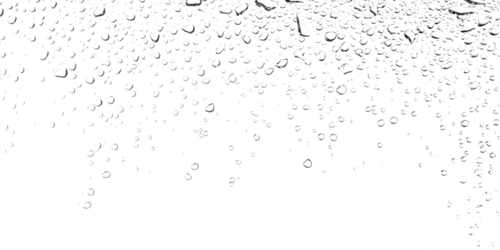 Numerous clear raindrops and water bubbles covering a glass surface effect on a white and transparent background png