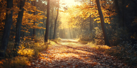 Autumn Forest Path Sunlight Through Golden Leaves