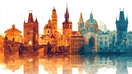 Fototapeta premium Geometric skyline art depicting a city with historic buildings, towers, and bridges, creating a visually striking cityscape.