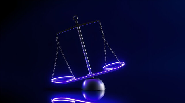 A tilted glow mesh balance scale floating in a minimalist digital background symbolizing the concept of justice imbalance and in the legal system or social structure