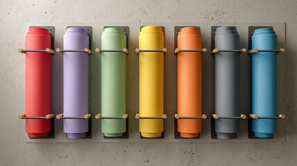 Naklejka premium Colorful rolled mats hang neatly on a wall rack, showcasing a spectrum of shades for exercise and wellness activities.