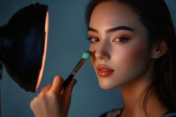 Fototapeta premium A young woman receiving makeup application, illuminated by a soft light, showcasing flawless skin and subtle makeup.