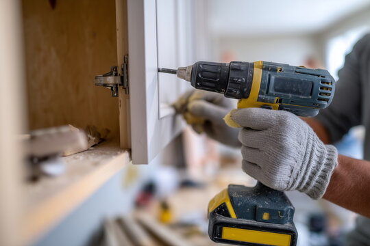 A close-up of a worker’s hands installing new kitchen cabinets with a power drill, unfinished walls and construction materials visible, photorealistic renovation photo.