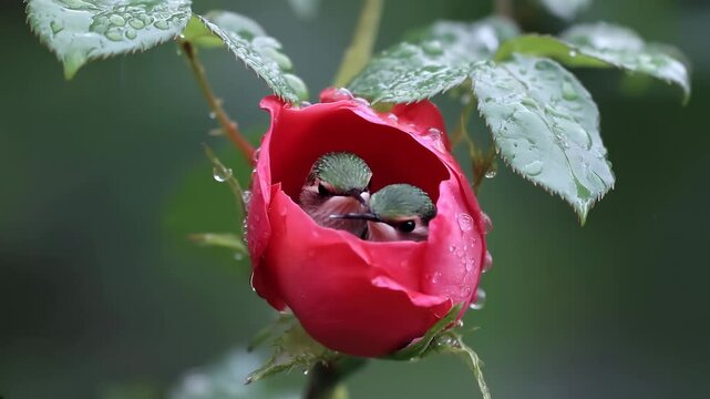 Two hummingbirds in the heart of a rain-kissed rose