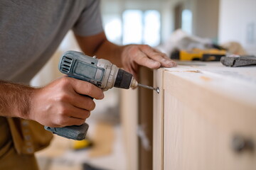 A close-up of a worker’s hands installing new kitchen cabinets with a power drill, unfinished walls and construction materials visible, photorealistic renovation photo.