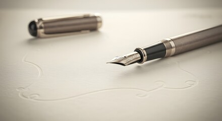 Elegant silver fountain pen rests on textured paper, ready to write.