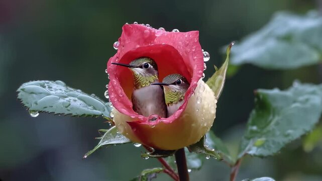 Two hummingbirds nestled inside a rain-drenched rosebud