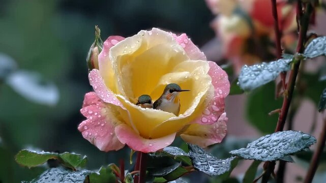 Hummingbirds nestled inside a dew-soaked rose