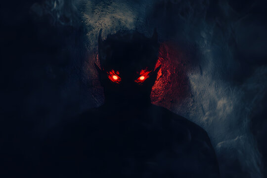 Mysterious dark figure with glowing red eyes in a shadowy environment at night