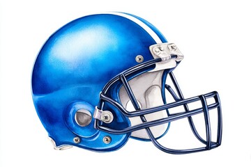 Fototapeta premium Vibrant Blue Watercolor Football Helmet - A striking watercolor painting of an American football helmet, symbolizing sport, competition, strategy, victory, and teamwork
