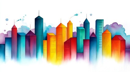 Vibrant Cityscape Illustration - Colorful watercolor painting of a city skyline, featuring various building heights and bright hues. Ideal for urban, real estate, or architectural projects