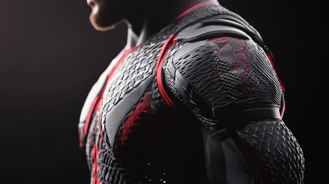 Close-up of futuristic armored suit.  Highly detailed, black and red body armor with intricate patterns