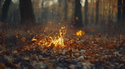 Small flames ignite fallen leaves creating an image in natures scene