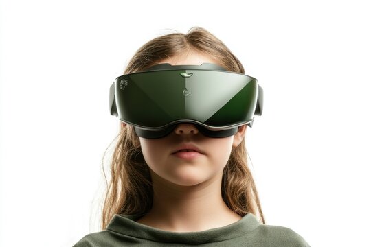 A young girl wearing a sleek, dark-green virtual reality headset, immersed in a digital world.