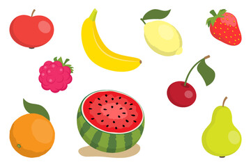 Fruits and berries collection. Apple, pear, watermelon, banana, strawberry, raspberry, lemon, orange and cherry on white background.