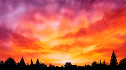 Obraz premium Vibrant Sunset Sky over Silhouetted Trees - A breathtaking sunset with vibrant orange, pink, and purple hues illuminates the sky above a dark silhouette of trees