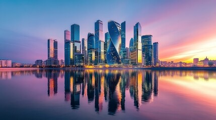 Fototapeta premium Mirrored glass skyscrapers towering in the city sunlight reflecting on sleek facades crisp urban high-rise wallpaper. 
