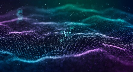 Abstract digital wave with glowing icons. Futuristic technology concept.