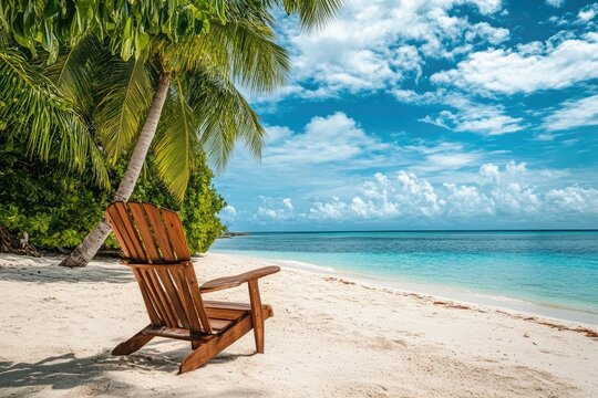 Empty wooden beach chair under palm trees on a pristine tropical beach, turquoise ocean water, and a vibrant blue sky