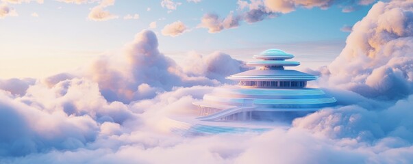 A futuristic building with glowing lights floats among fluffy clouds in a dreamy, pastel-colored sky.