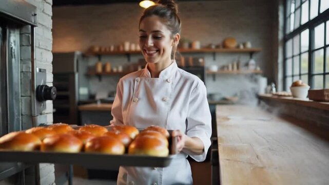 A professional smiling female baker wearing a crisp white chef's coat, remove a tray of golden-brown fresh steamed artisanal buns from an oven in a modern bakery.
