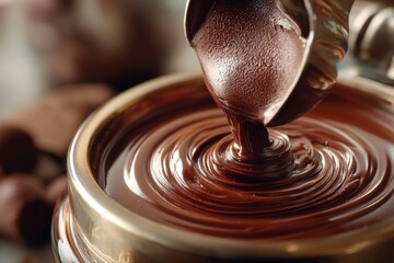 Delicious dark molten chocolate pouring into a container of rich, creamy ganache, close-up of a culinary confection