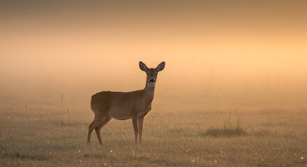 Naklejka premium Misty Dawn: A Solitary Deer in Golden Light
