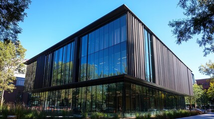 Fototapeta premium Modern architecture low-angle view reflective glass facade bold vertical lines vibrant daylight crisp blue sky urban vibe. 