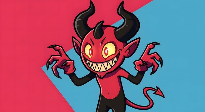 Cartoon Red Devil Character Smiling Menacingly with Spiked Tail and Horns