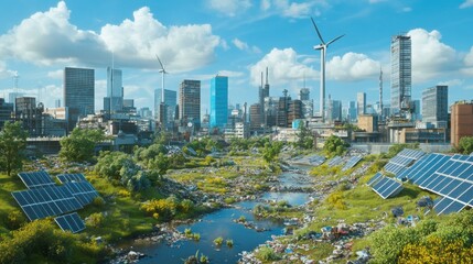 Sustainable Urban Renewal.  A futuristic cityscape embraces nature's return.  Reconstructed city with lush vegetation, solar panels, and wind turbines.  Empty lots transformed into green spaces