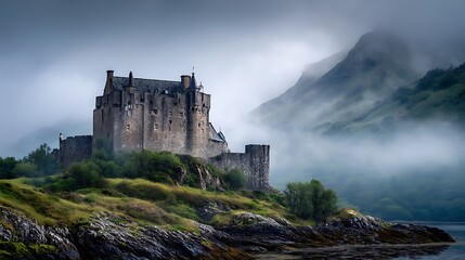 Misty castle on island
