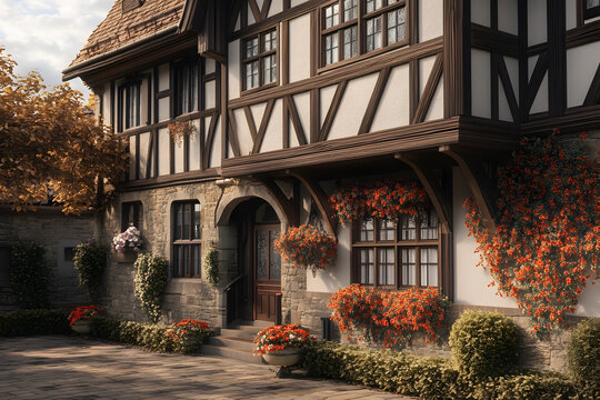 Historic half-timbered house adorned with vibrant flowers in a quaint village during golden hour - Powered by Adobe