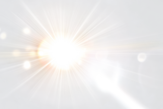 Bright sunlight burst with lens flare effects and rays of light on a white and transparent background png